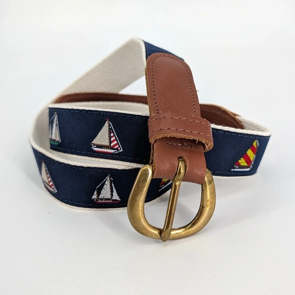 Sailboat Embroidered Nautical Nantucket Surcingle Belt Navy‎ Cream Leather 35